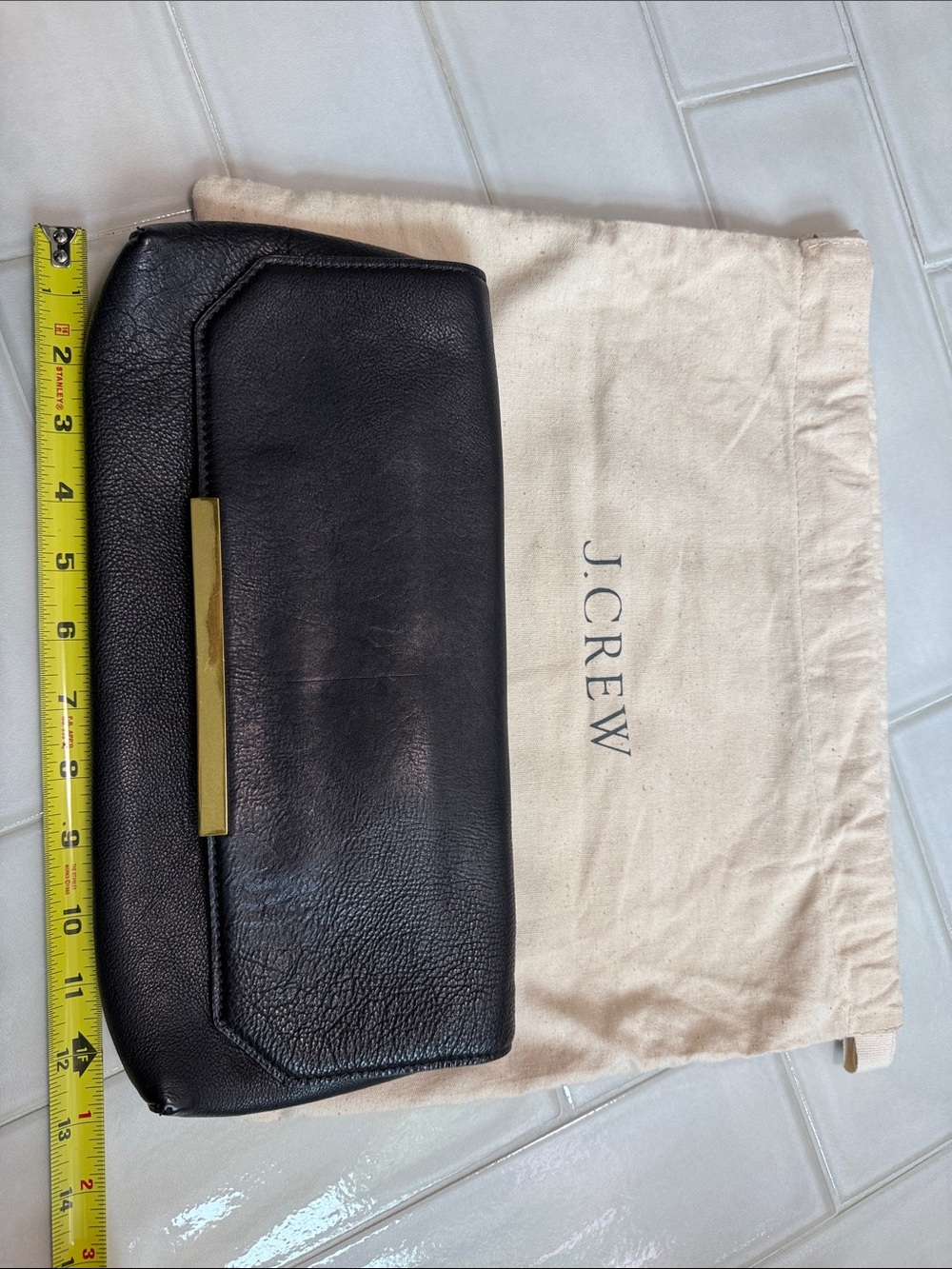 J. Crew Black Leather Clutch with Gold Accent Bar